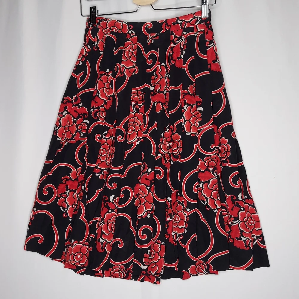 Gloria Sachs Midi Skirt 8 Dark Floral Red Trellis Designer‎ 80s Vtg Whimsy Prep